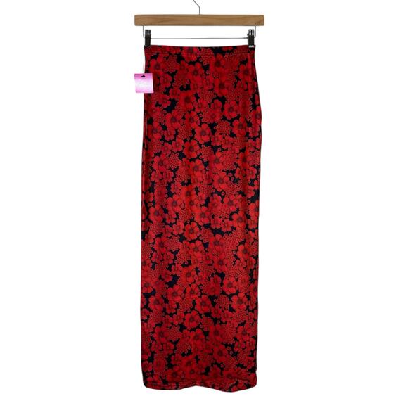 NWT Crop Top Maxi Skirt Matching Set Womens M Red Black Floral Bell Sleeve Indie - Picture 5 of 8